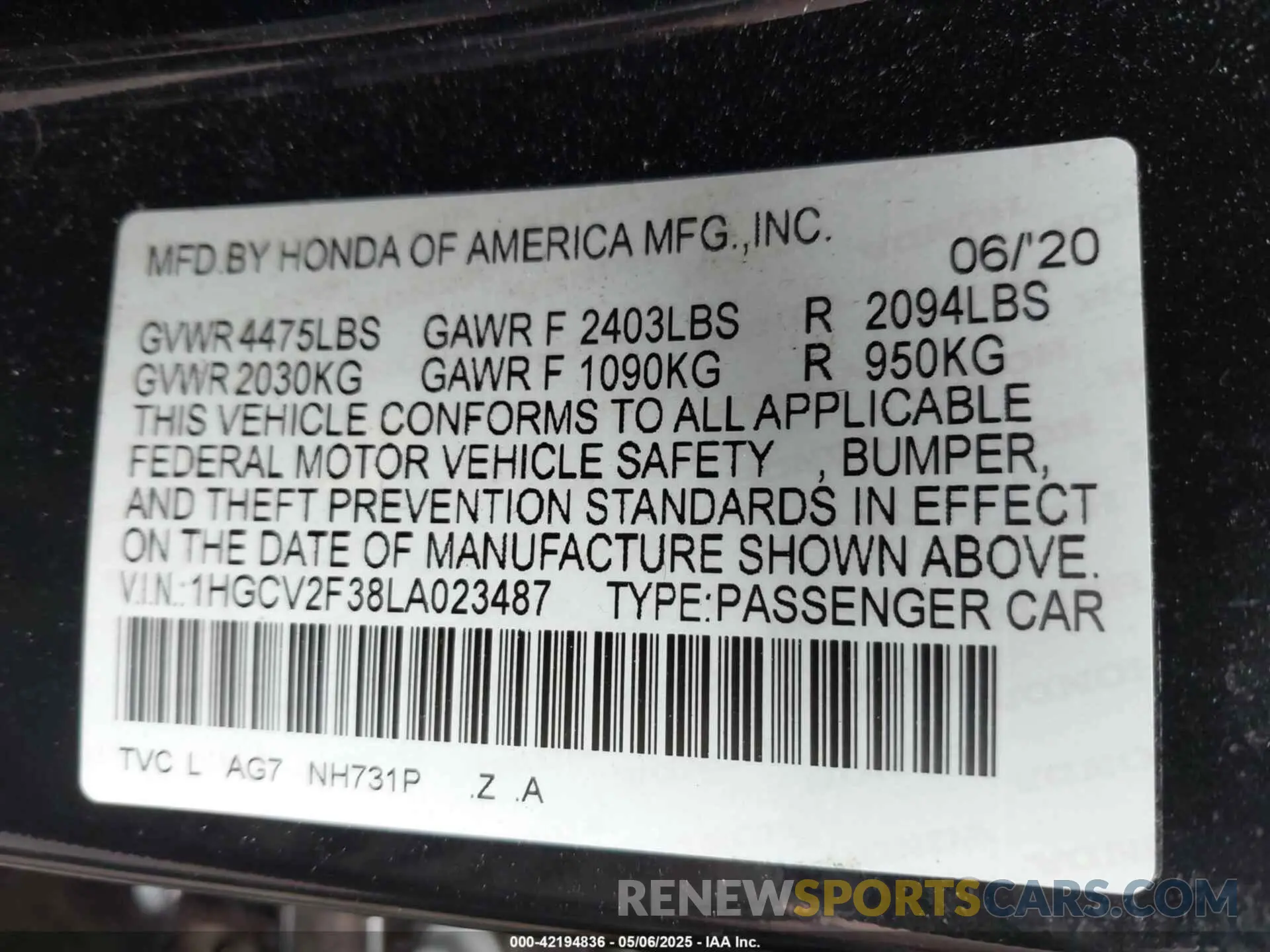 9 Photograph of a damaged car 1HGCV2F38LA023487 HONDA ACCORD 2020
