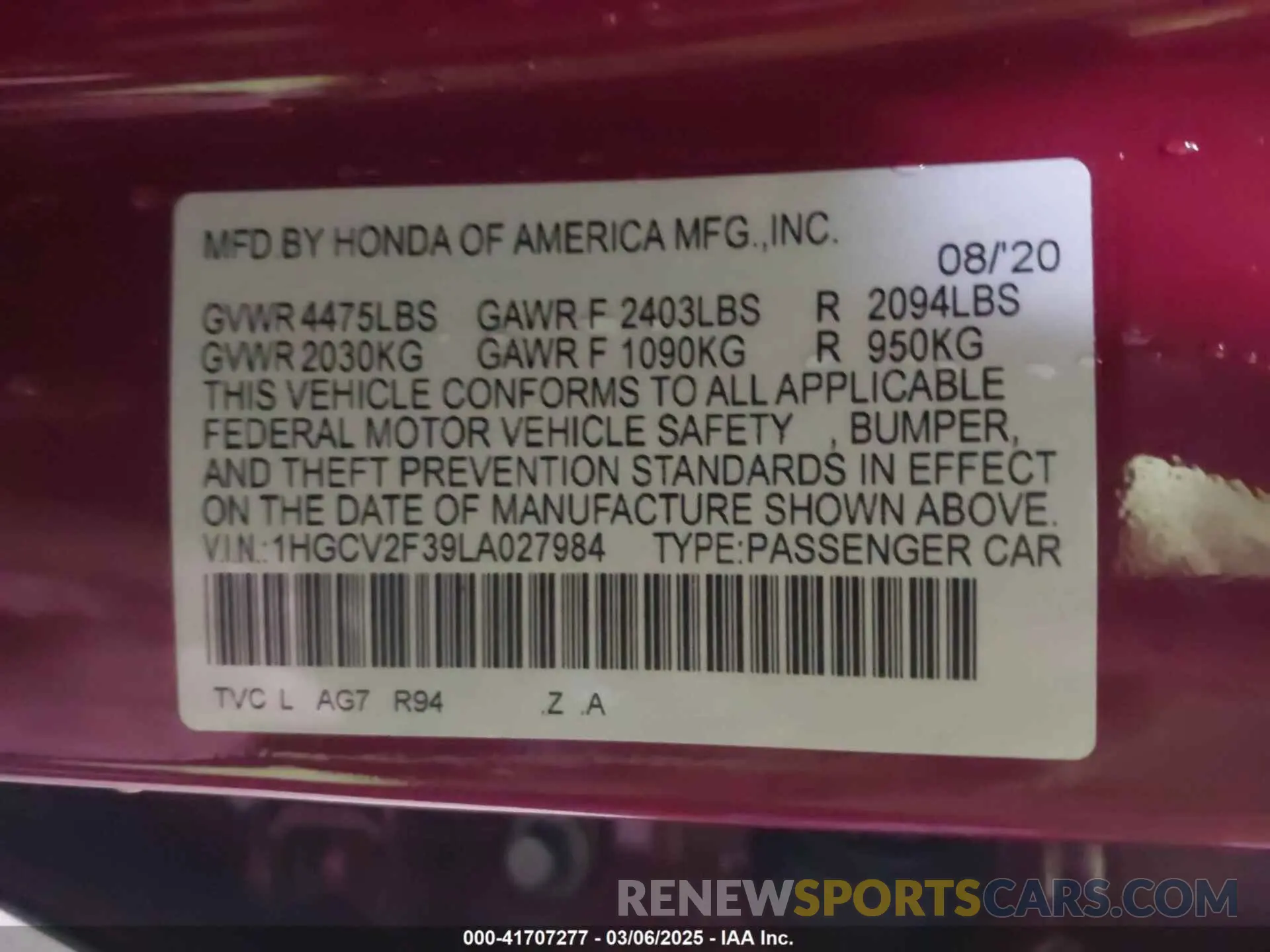 9 Фотография поврежденного автомобиля 1HGCV2F39LA027984 HONDA ACCORD 2020