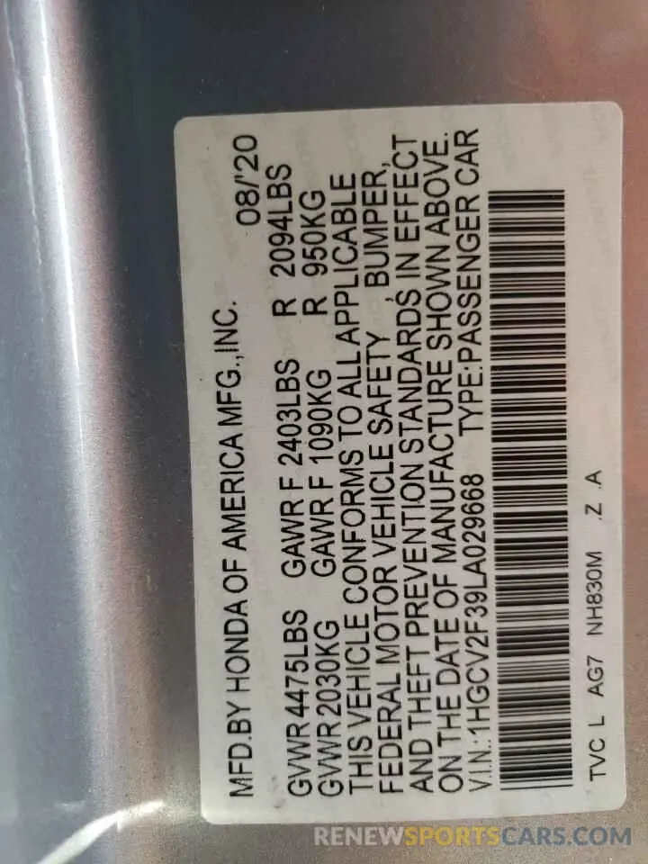 12 Фотография поврежденного автомобиля 1HGCV2F39LA029668 HONDA ACCORD 2020