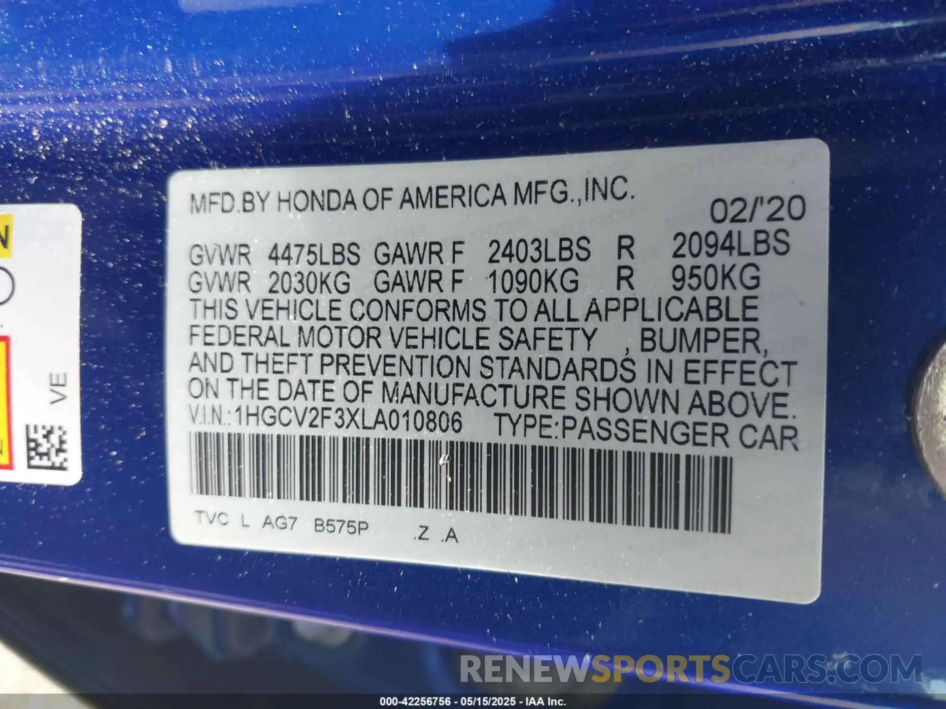 9 Photograph of a damaged car 1HGCV2F3XLA010806 HONDA ACCORD 2020