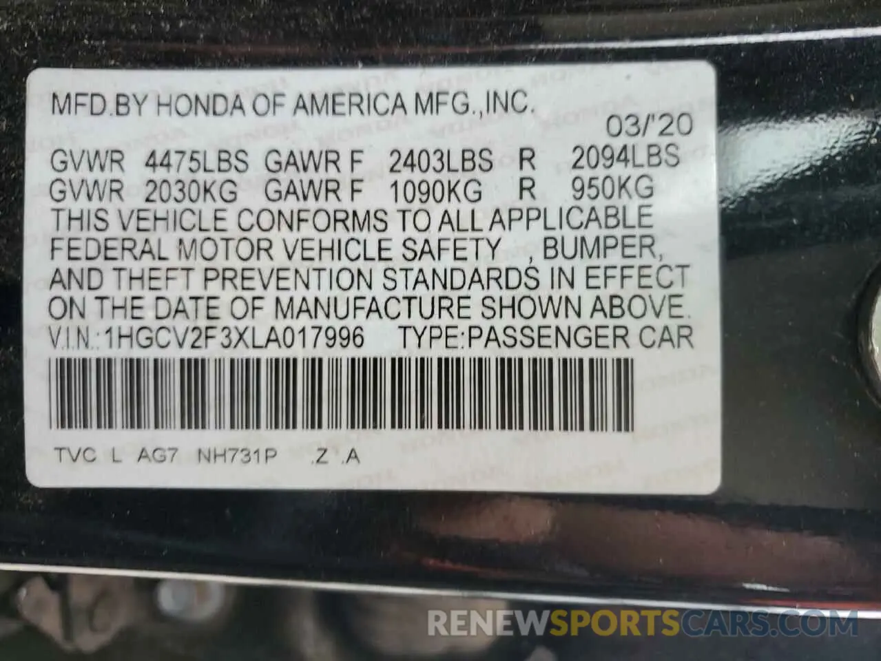15 Фотография поврежденного автомобиля 1HGCV2F3XLA017996 HONDA ACCORD 2020