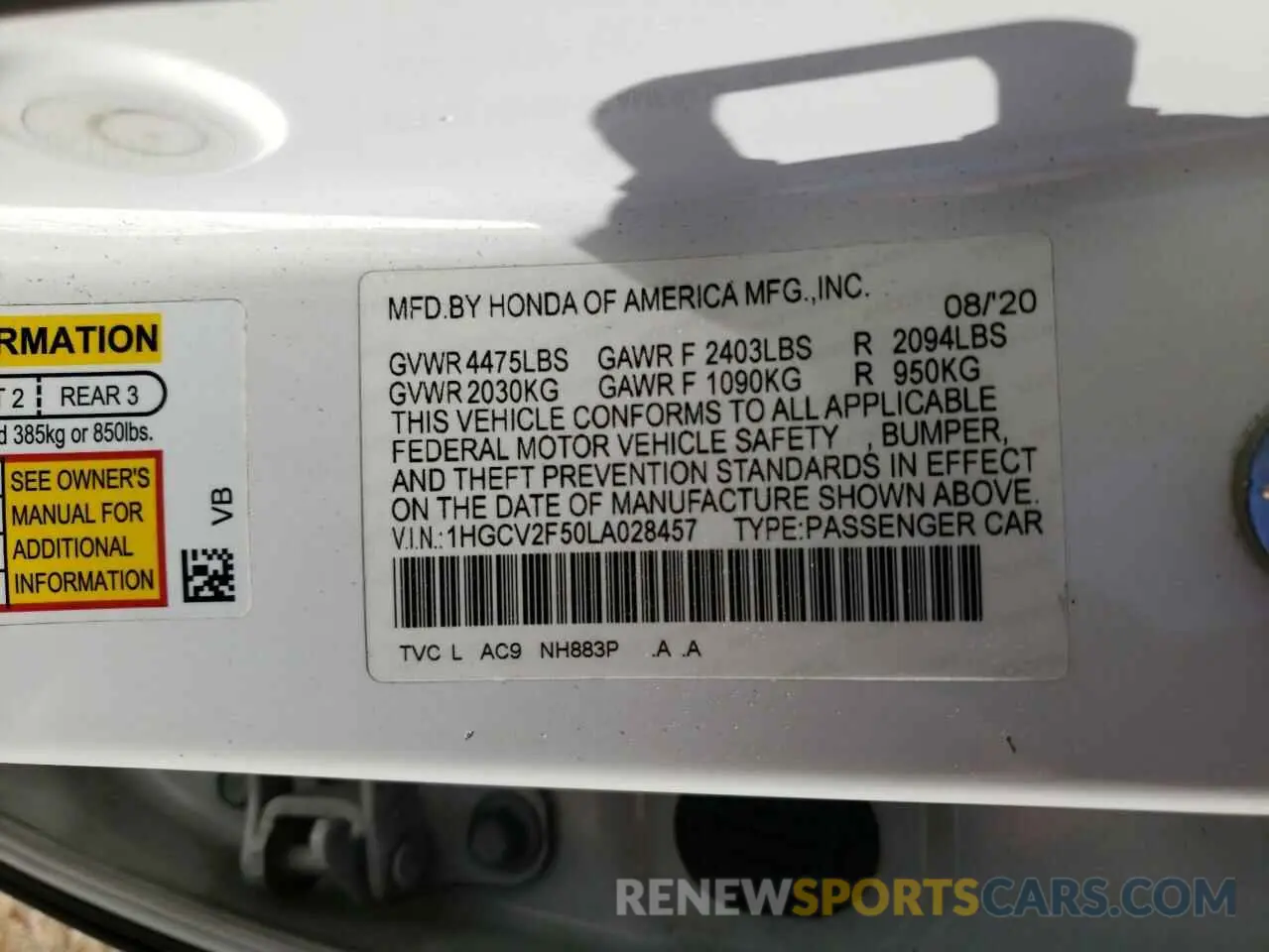 14 Photograph of a damaged car 1HGCV2F50LA028457 HONDA ACCORD 2020