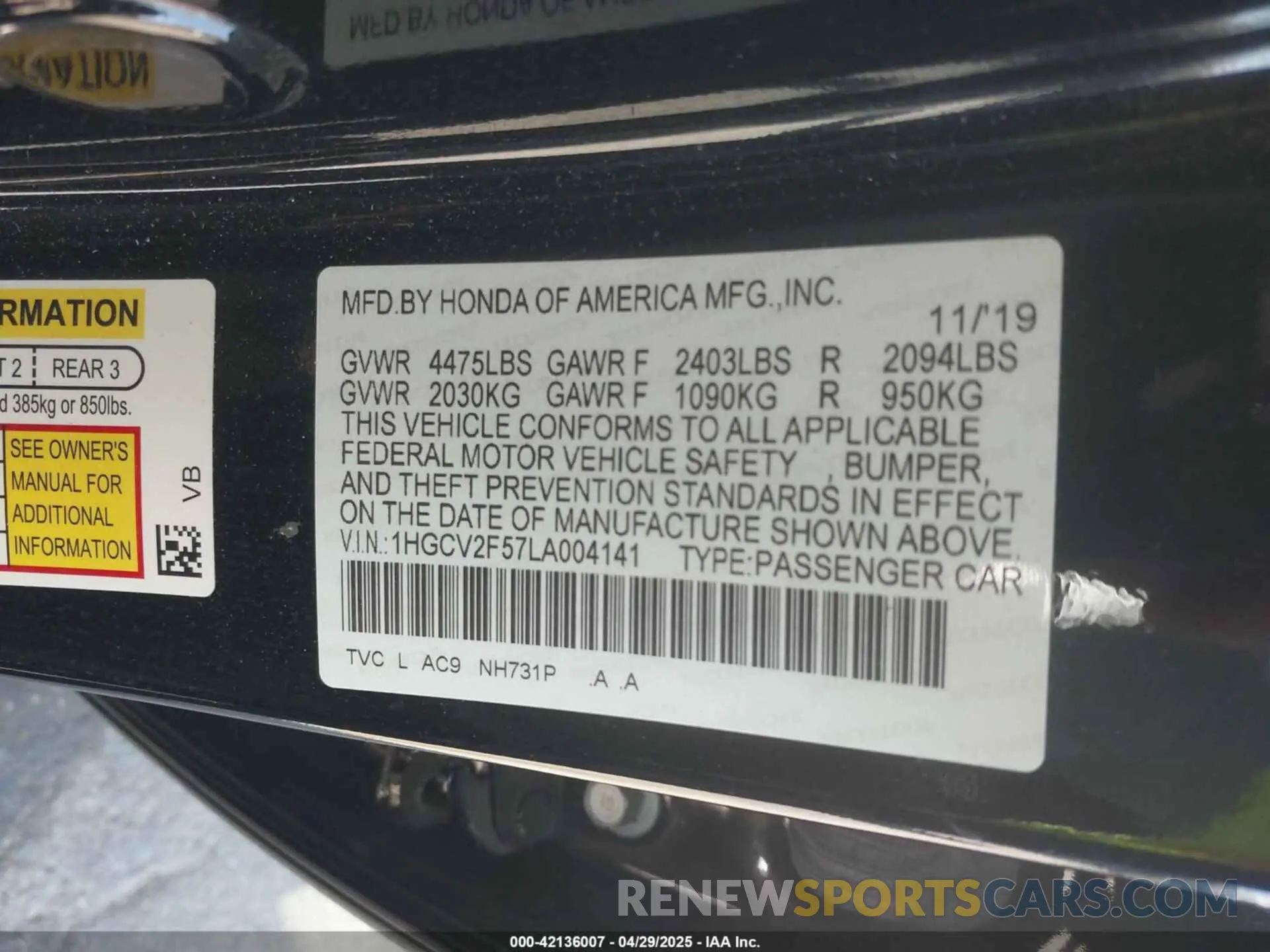 9 Фотография поврежденного автомобиля 1HGCV2F57LA004141 HONDA ACCORD 2020