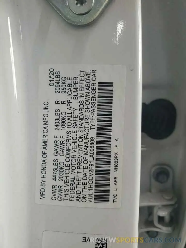 12 Фотография поврежденного автомобиля 1HGCV2F91LA006809 HONDA ACCORD 2020