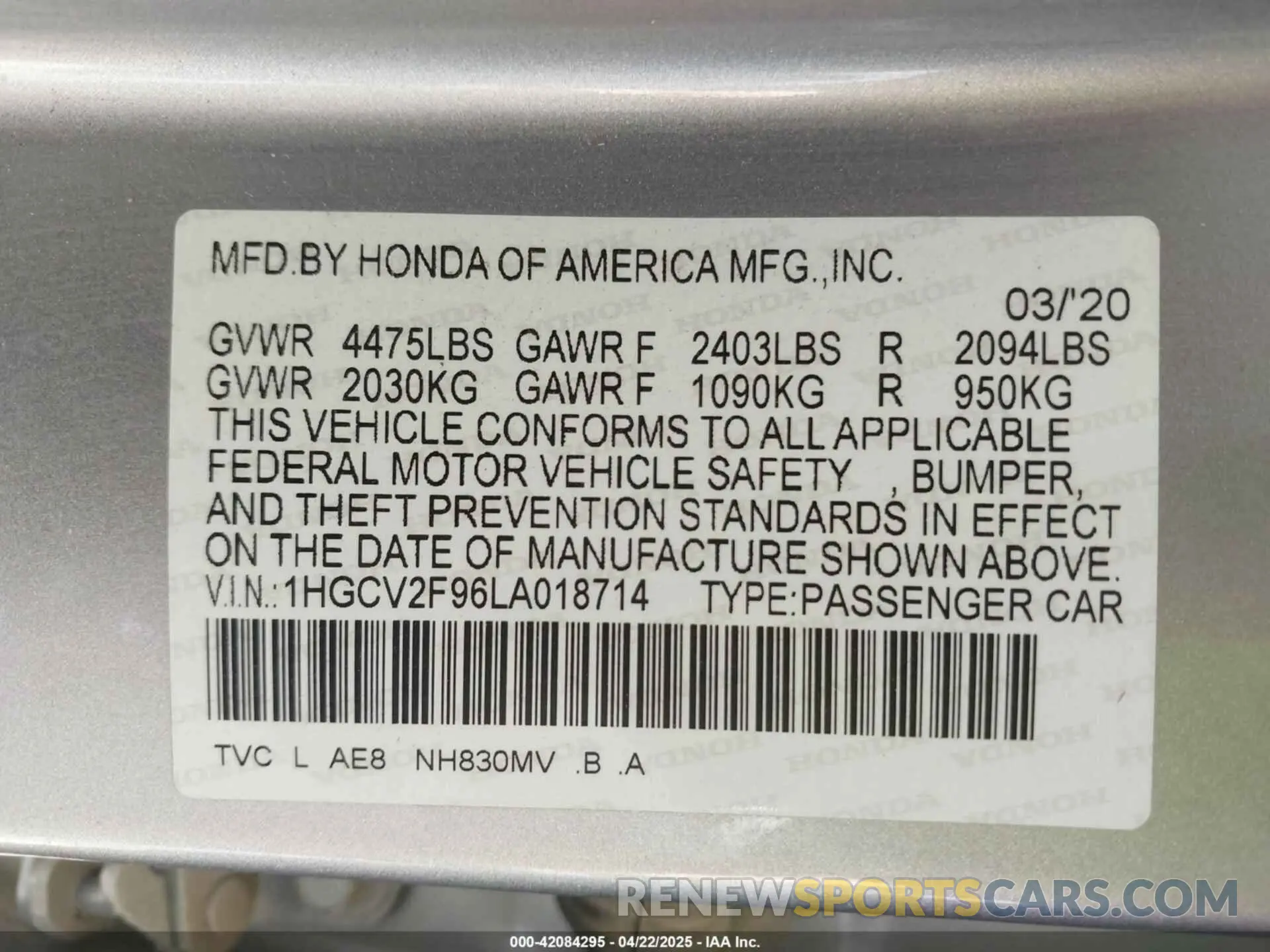 9 Фотография поврежденного автомобиля 1HGCV2F96LA018714 HONDA ACCORD 2020