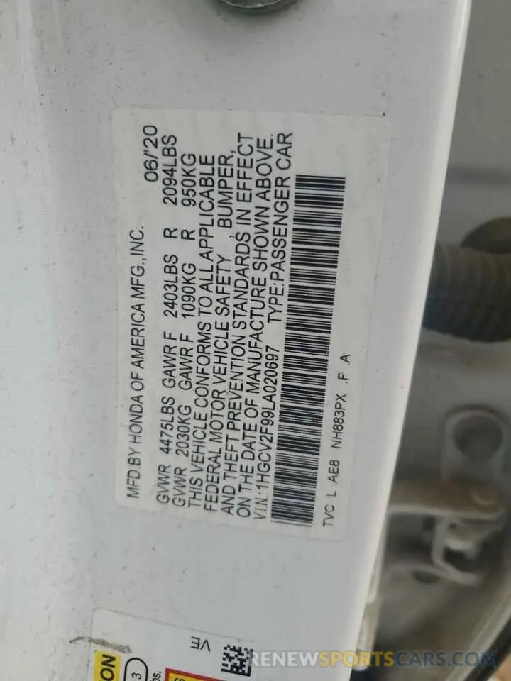 12 Фотография поврежденного автомобиля 1HGCV2F99LA020697 HONDA ACCORD 2020