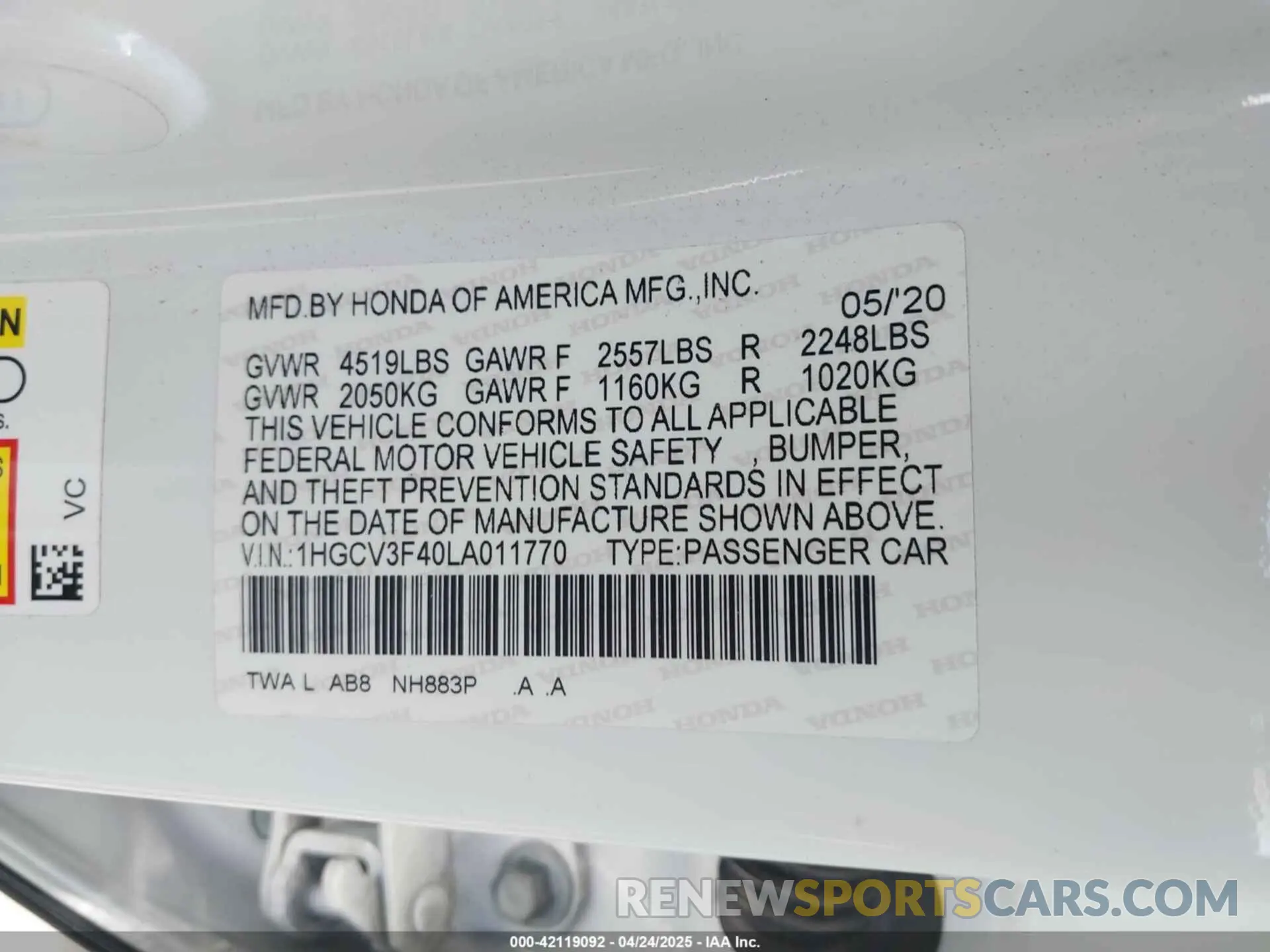 9 Фотография поврежденного автомобиля 1HGCV3F40LA011770 HONDA ACCORD 2020