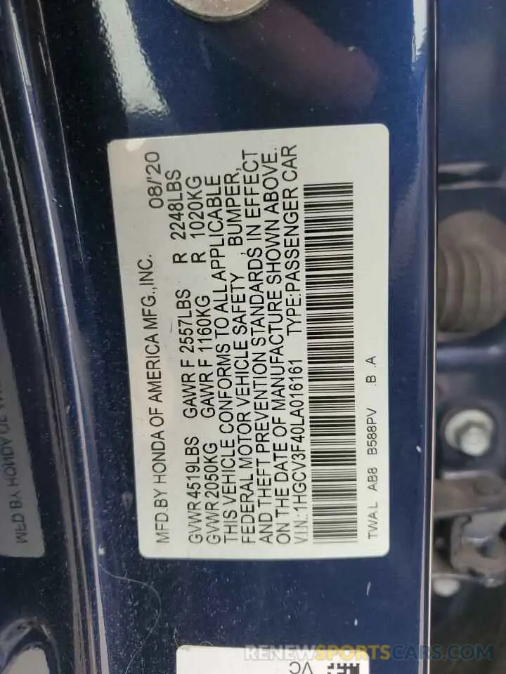 12 Фотография поврежденного автомобиля 1HGCV3F40LA016161 HONDA ACCORD 2020