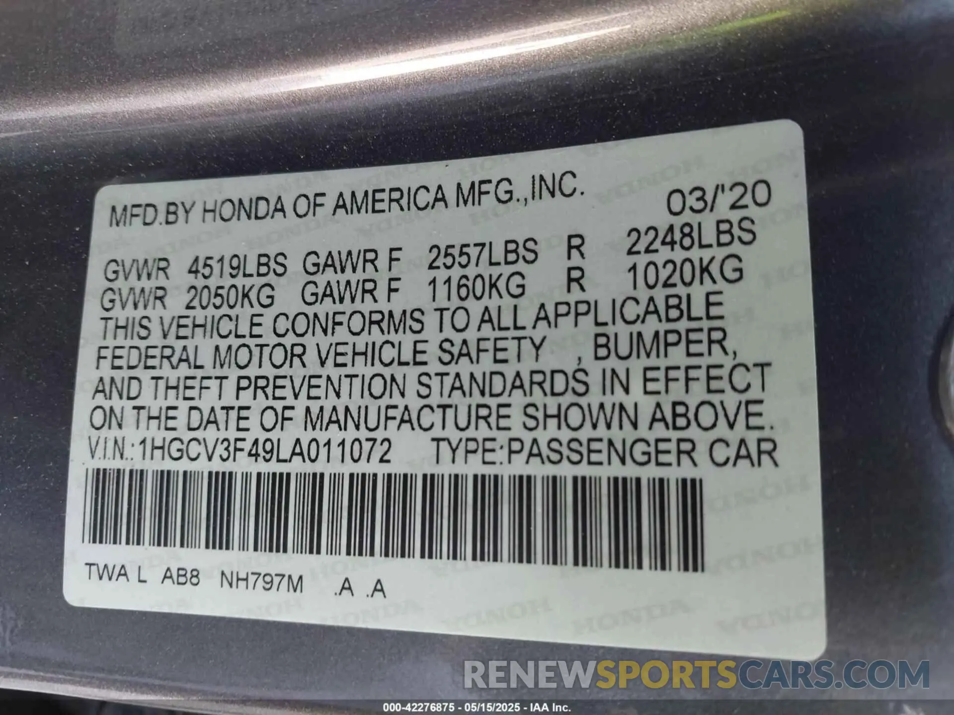 9 Фотография поврежденного автомобиля 1HGCV3F49LA011072 HONDA ACCORD 2020