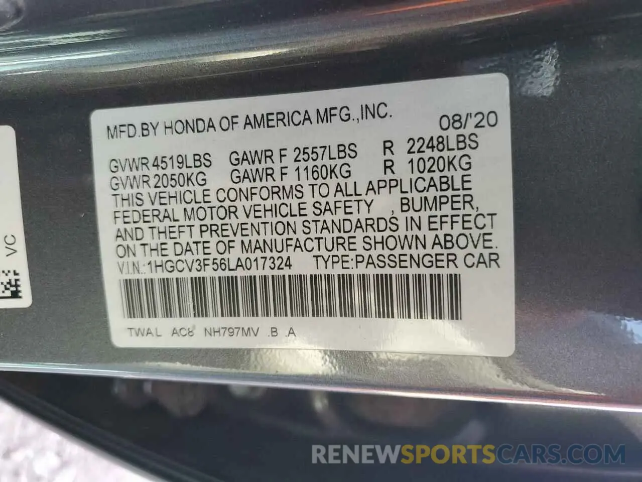 13 Photograph of a damaged car 1HGCV3F56LA017324 HONDA ACCORD 2020