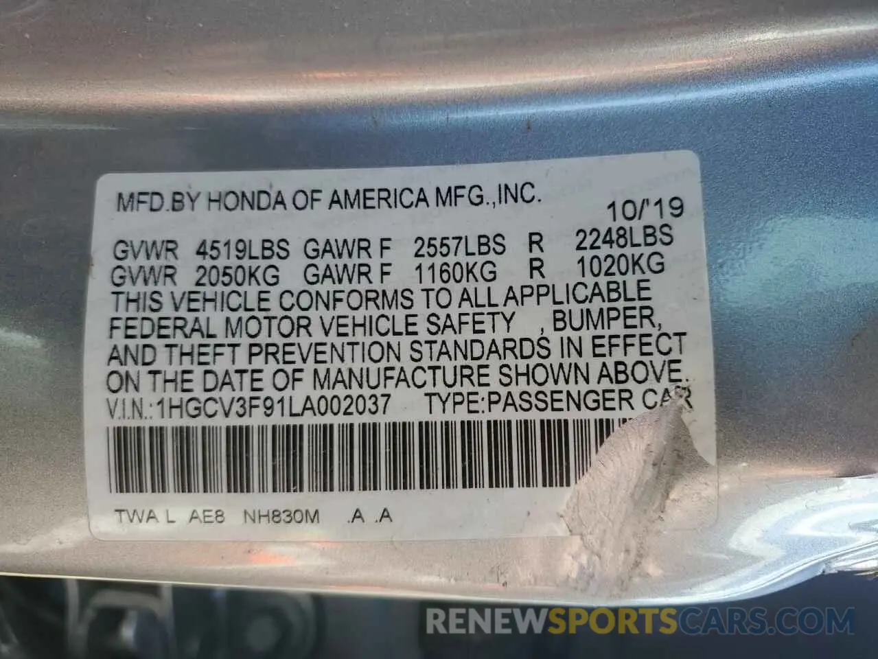 12 Photograph of a damaged car 1HGCV3F91LA002037 HONDA ACCORD 2020