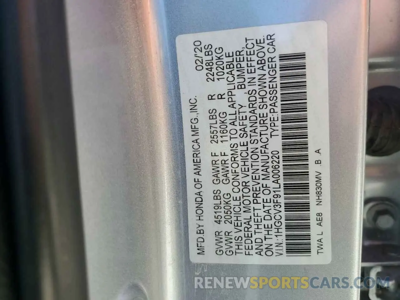 12 Фотография поврежденного автомобиля 1HGCV3F91LA006220 HONDA ACCORD 2020