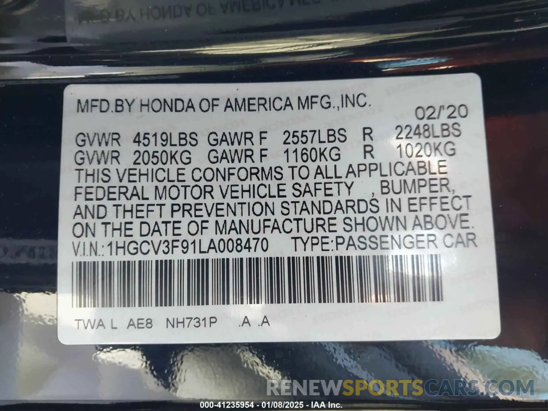 9 Photograph of a damaged car 1HGCV3F91LA008470 HONDA ACCORD 2020