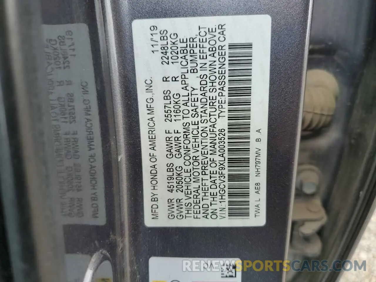 12 Photograph of a damaged car 1HGCV3F9XLA003526 HONDA ACCORD 2020