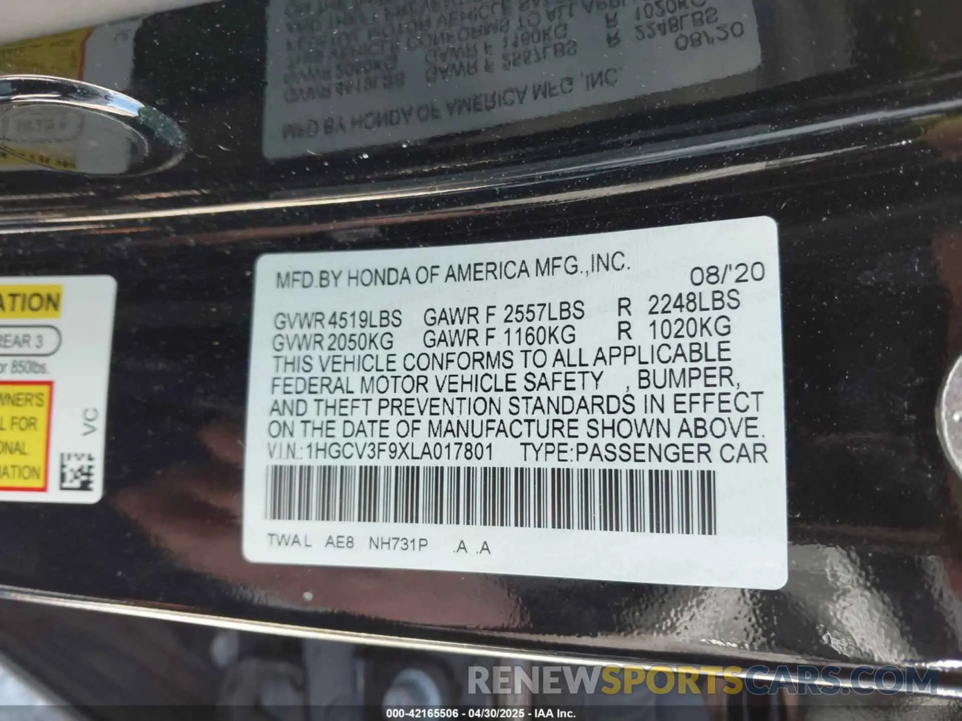 9 Фотография поврежденного автомобиля 1HGCV3F9XLA017801 HONDA ACCORD 2020