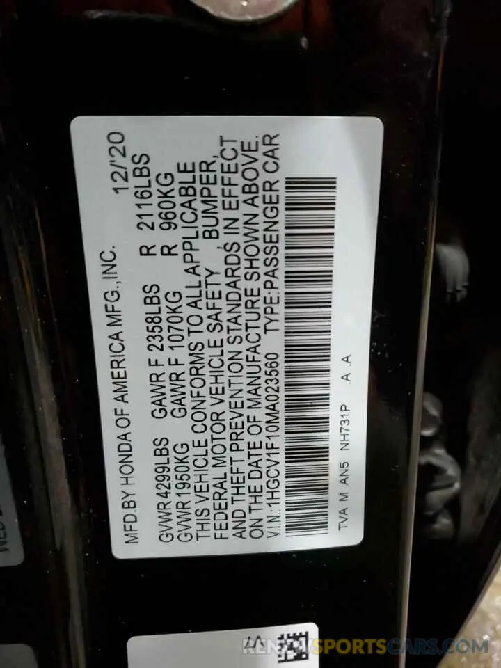 12 Фотография поврежденного автомобиля 1HGCV1F10MA023560 HONDA ACCORD 2021
