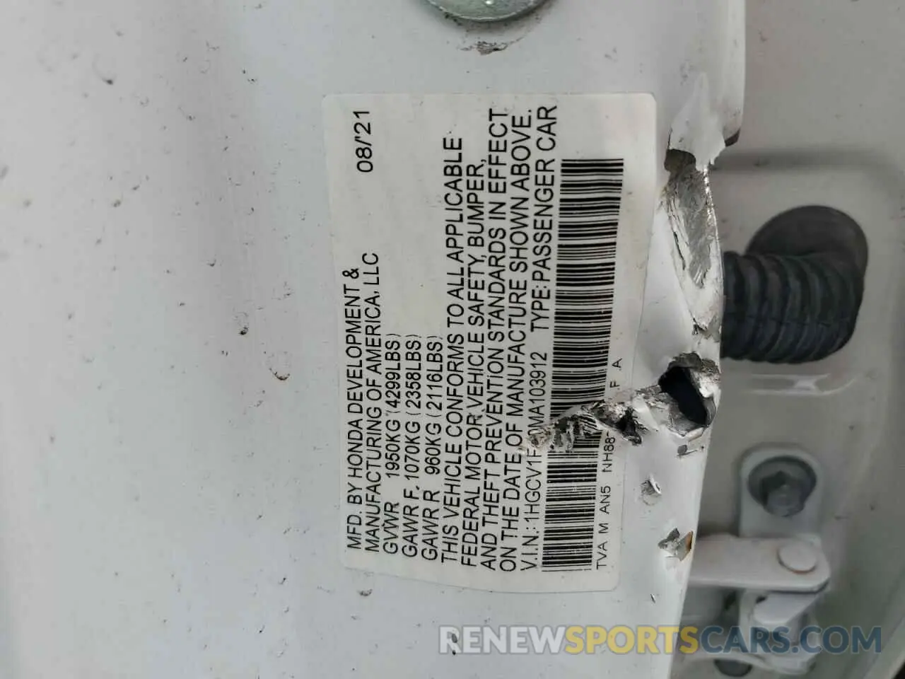 12 Photograph of a damaged car 1HGCV1F10MA103912 HONDA ACCORD 2021