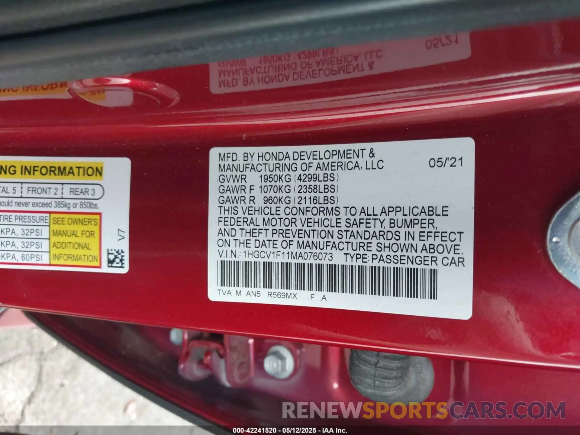 9 Фотография поврежденного автомобиля 1HGCV1F11MA076073 HONDA ACCORD 2021