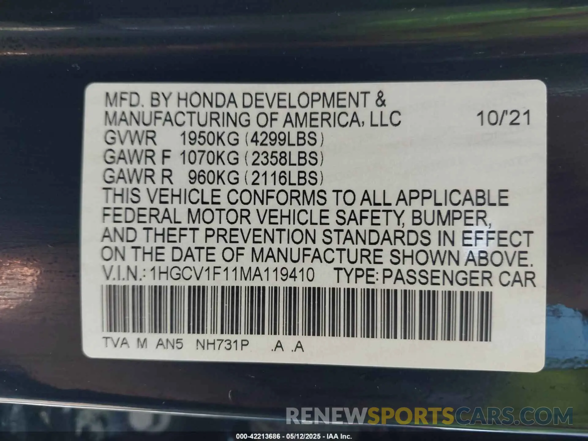 9 Photograph of a damaged car 1HGCV1F11MA119410 HONDA ACCORD 2021