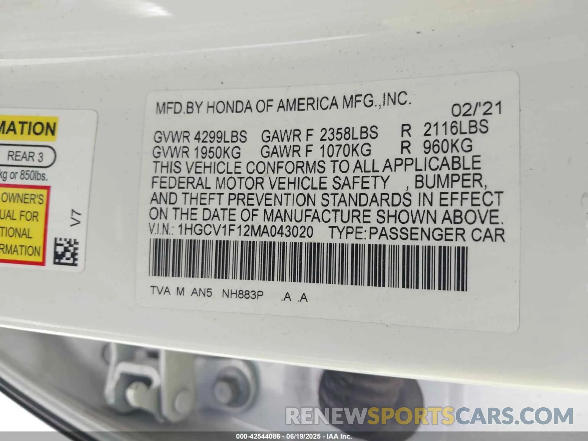 9 Фотография поврежденного автомобиля 1HGCV1F12MA043020 HONDA ACCORD 2021