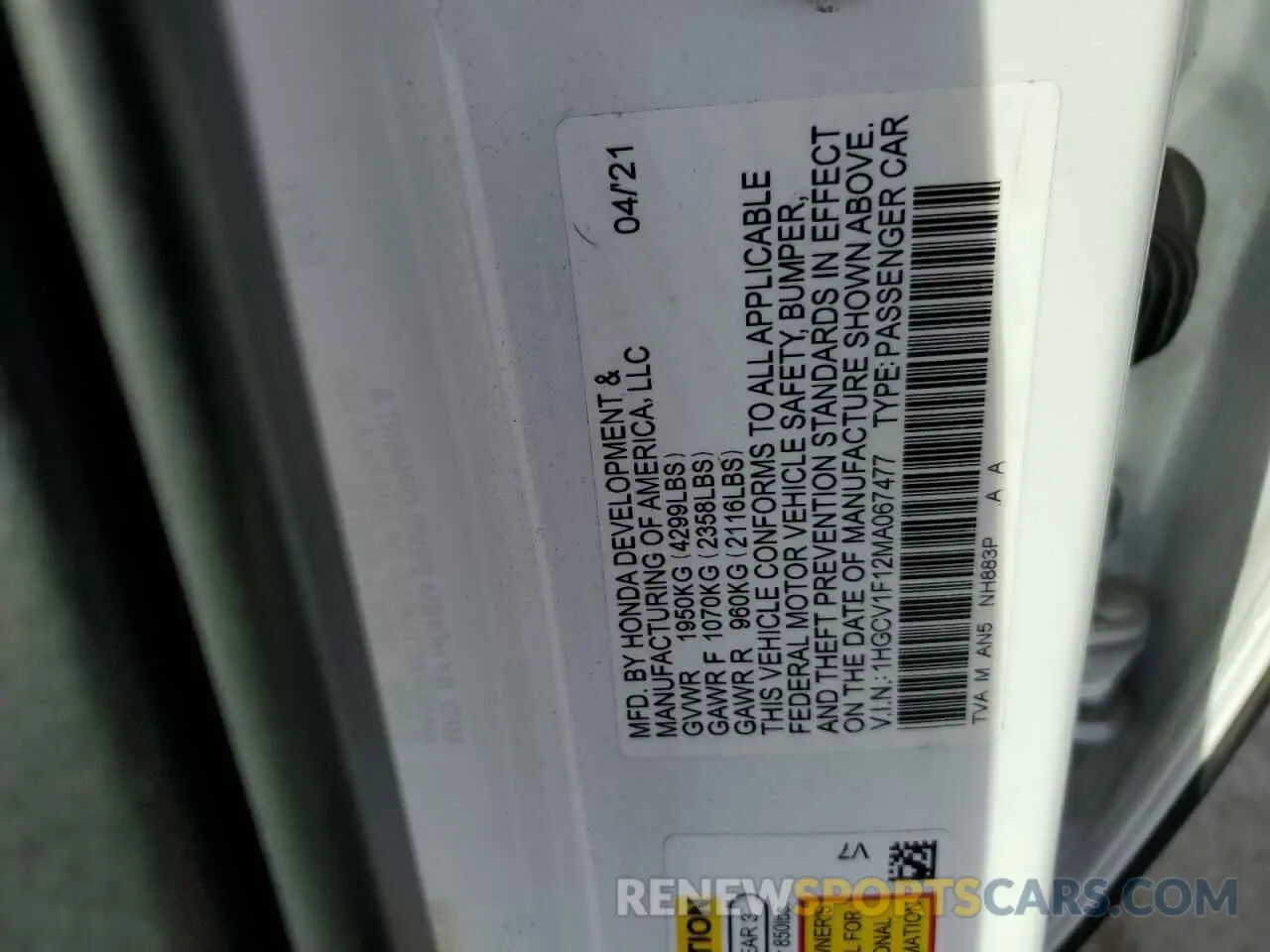 12 Photograph of a damaged car 1HGCV1F12MA067477 HONDA ACCORD 2021