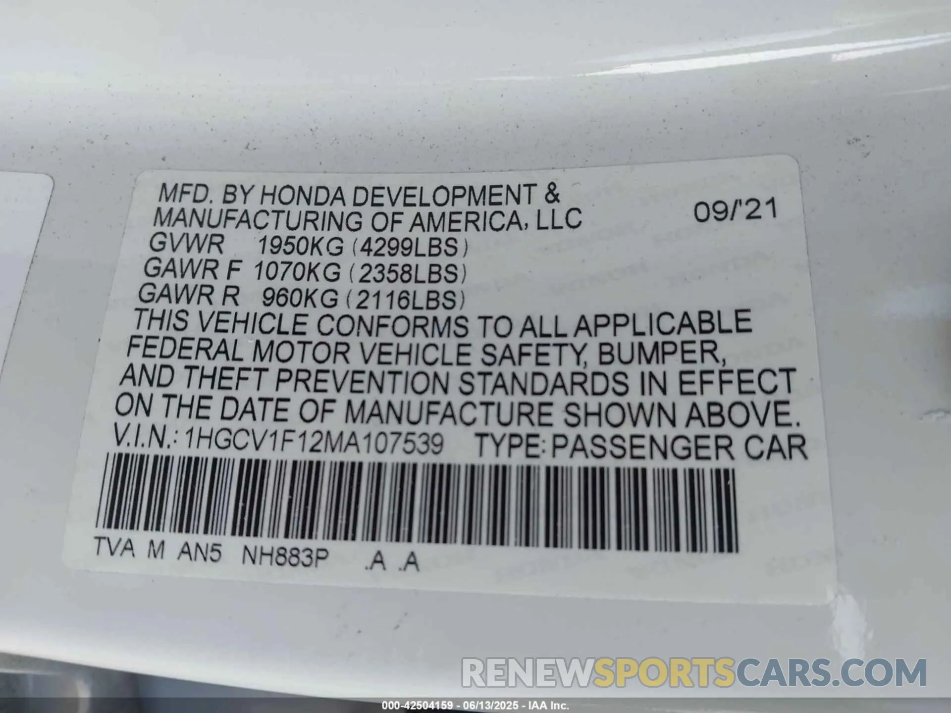 9 Фотография поврежденного автомобиля 1HGCV1F12MA107539 HONDA ACCORD 2021