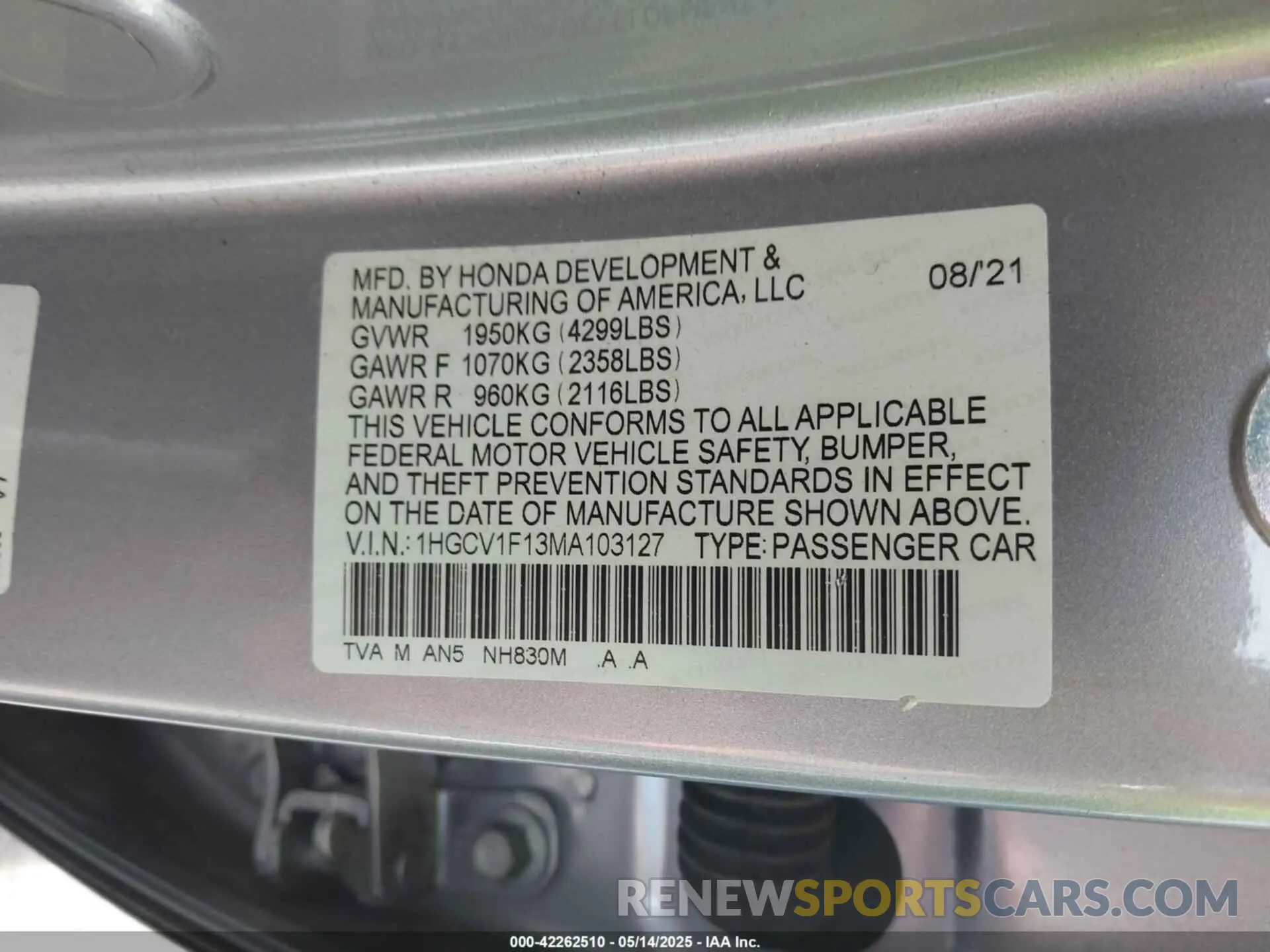 9 Photograph of a damaged car 1HGCV1F13MA103127 HONDA ACCORD 2021