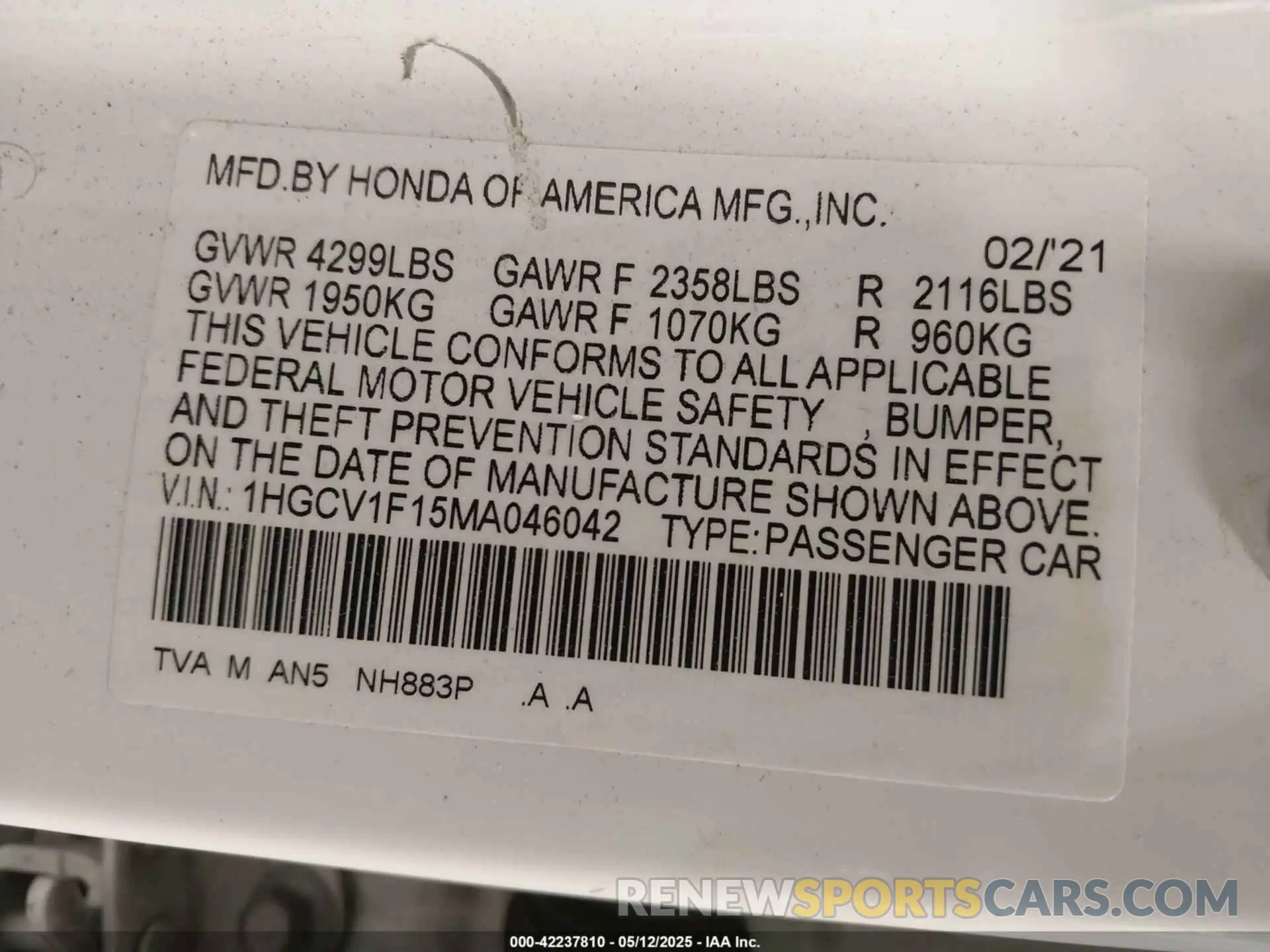 9 Photograph of a damaged car 1HGCV1F15MA046042 HONDA ACCORD 2021