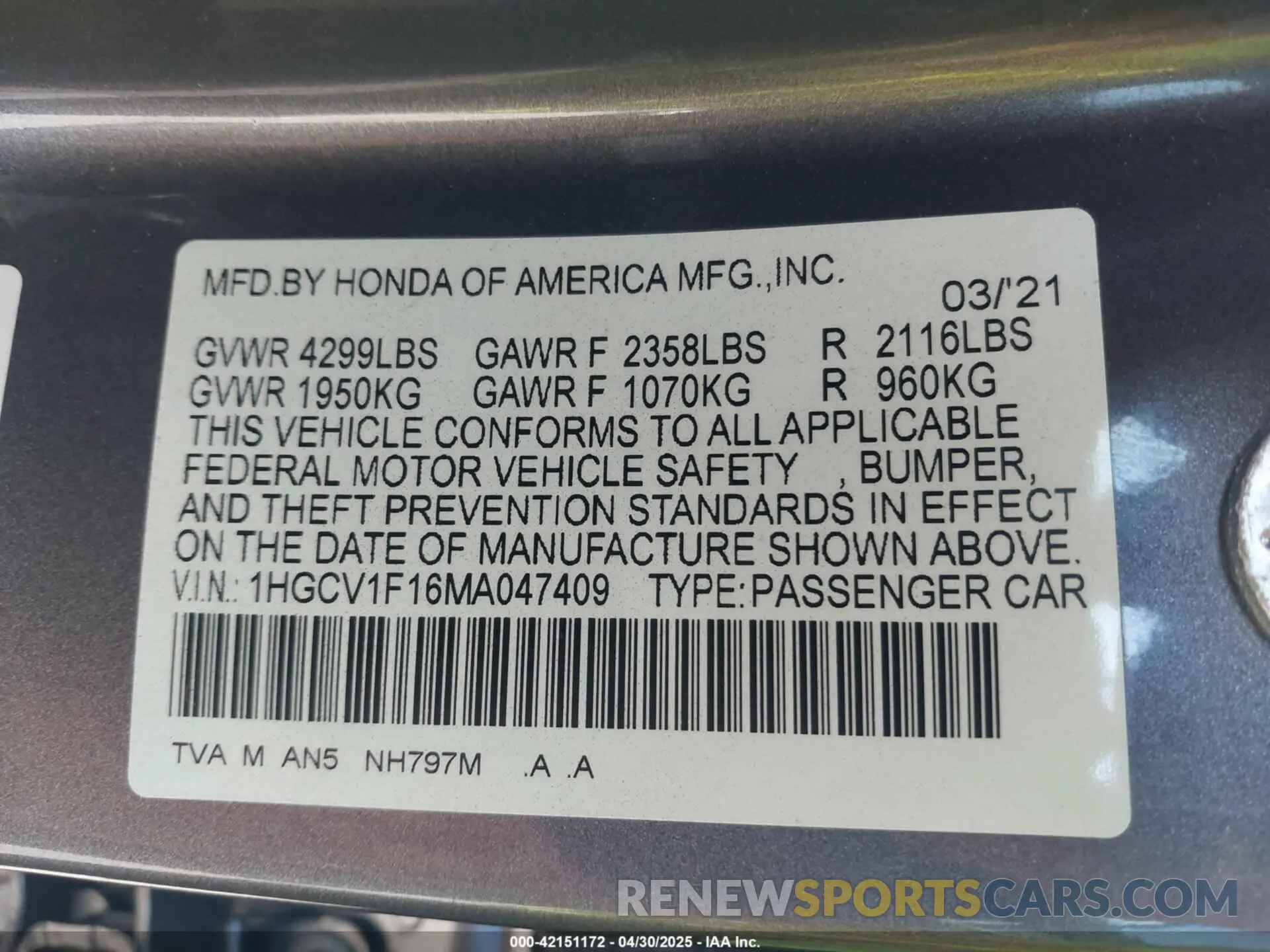 9 Фотография поврежденного автомобиля 1HGCV1F16MA047409 HONDA ACCORD 2021
