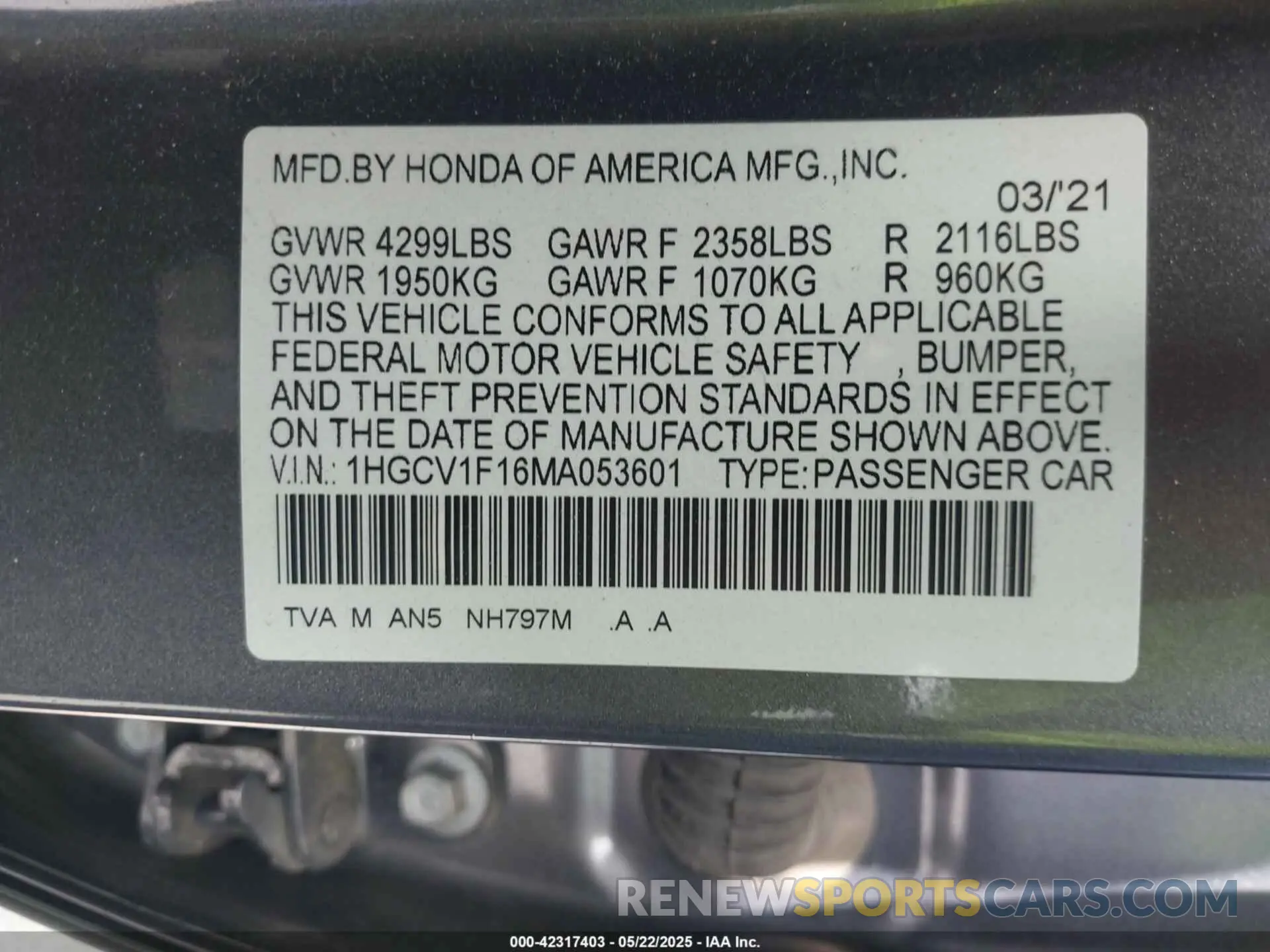 9 Photograph of a damaged car 1HGCV1F16MA053601 HONDA ACCORD 2021