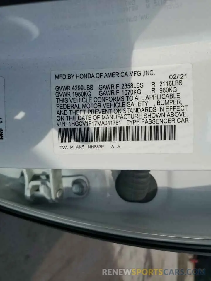 12 Фотография поврежденного автомобиля 1HGCV1F17MA041781 HONDA ACCORD 2021