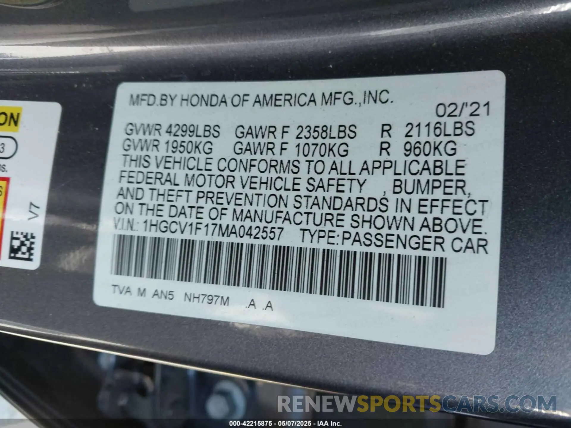 9 Photograph of a damaged car 1HGCV1F17MA042557 HONDA ACCORD 2021
