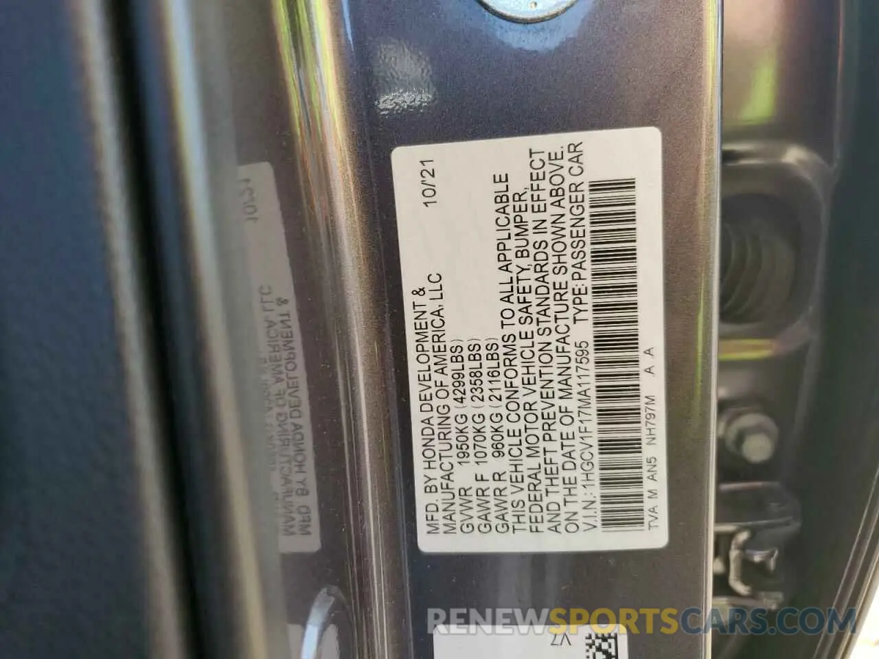 12 Photograph of a damaged car 1HGCV1F17MA117595 HONDA ACCORD 2021