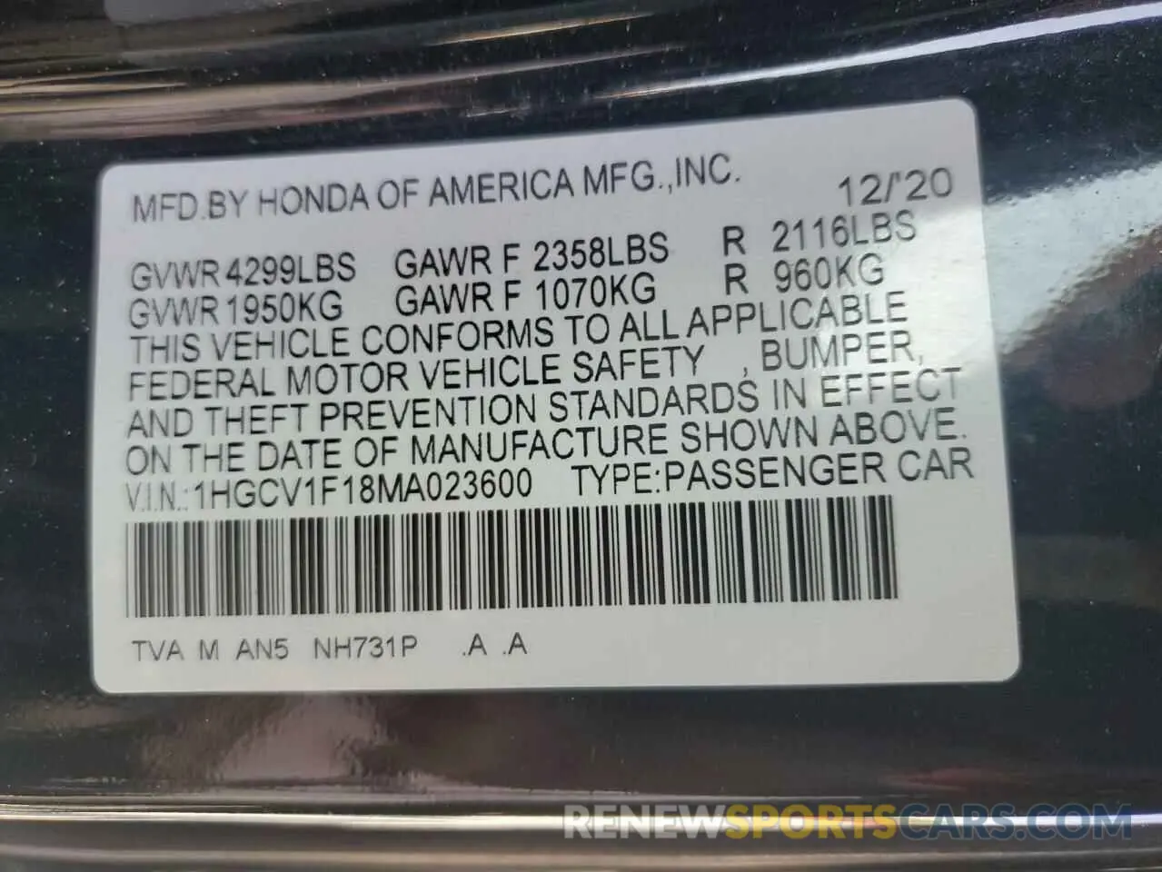 13 Photograph of a damaged car 1HGCV1F18MA023600 HONDA ACCORD 2021