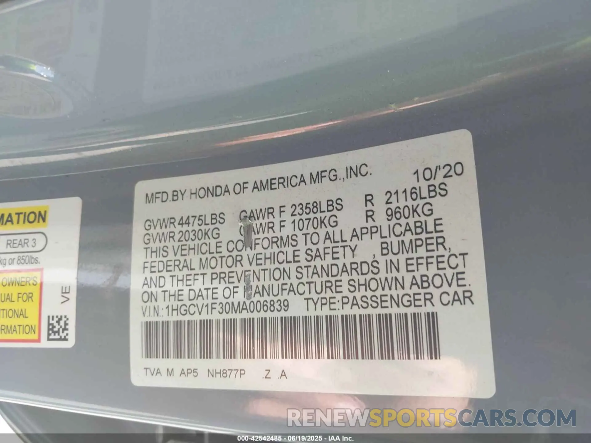 9 Photograph of a damaged car 1HGCV1F30MA006839 HONDA ACCORD 2021