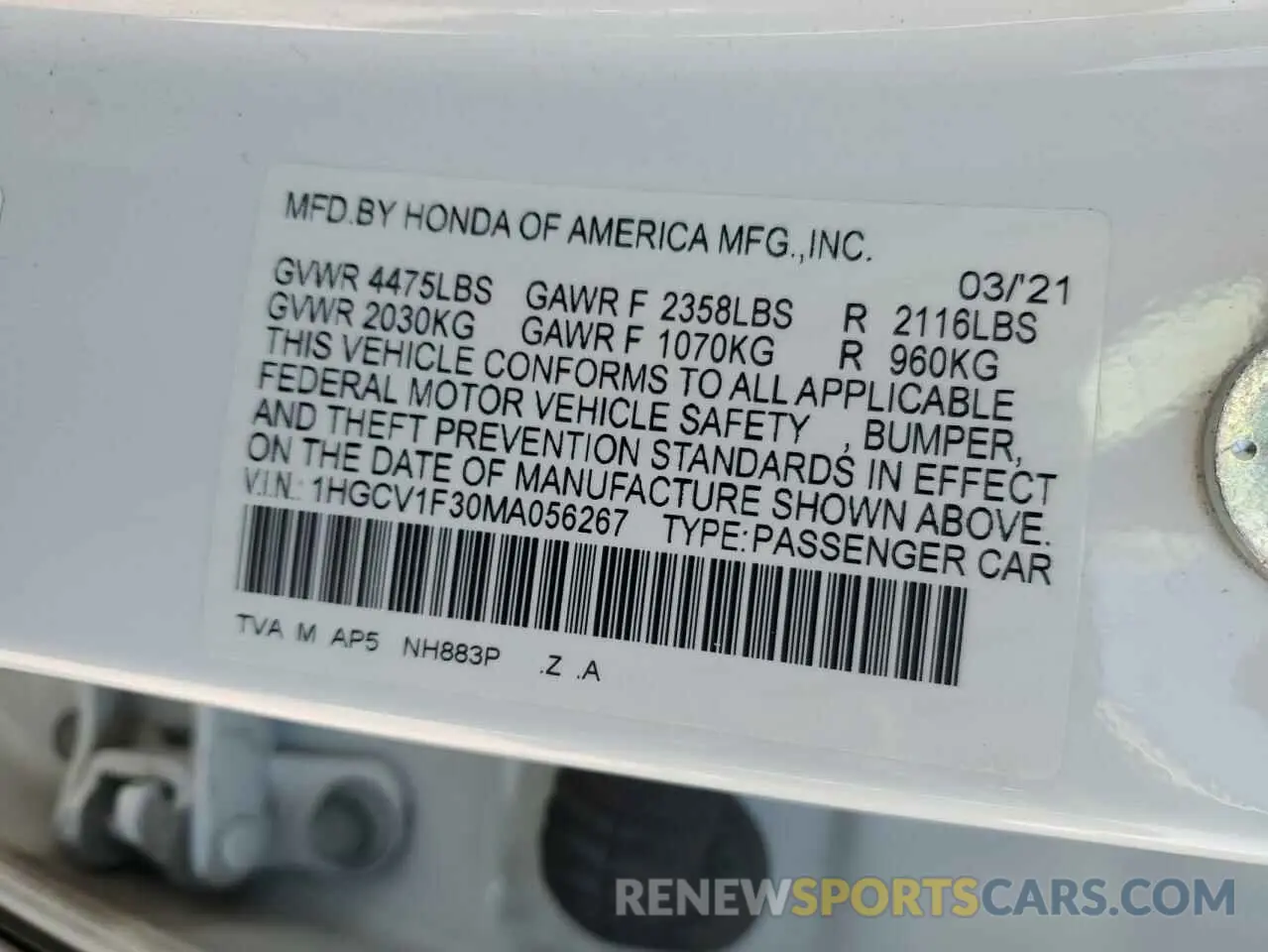 12 Photograph of a damaged car 1HGCV1F30MA056267 HONDA ACCORD 2021