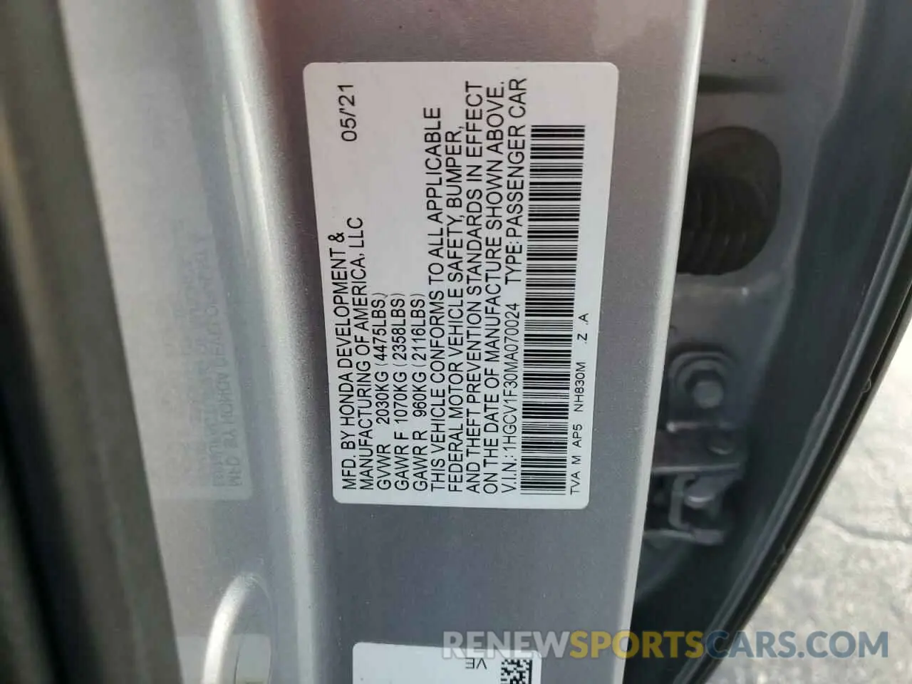 13 Фотография поврежденного автомобиля 1HGCV1F30MA070024 HONDA ACCORD 2021