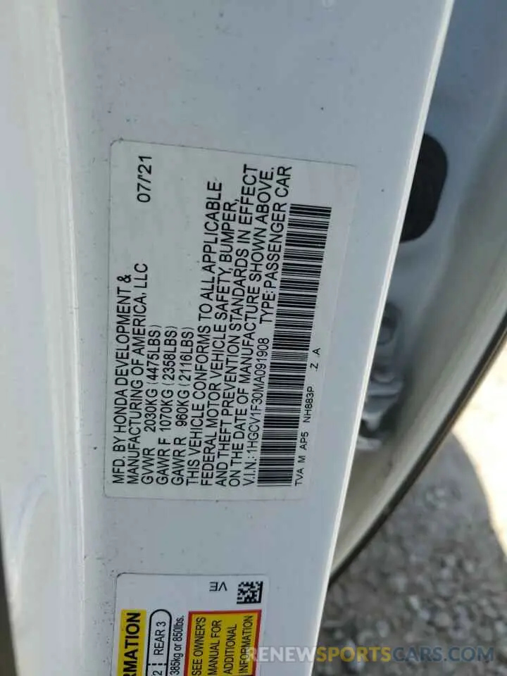 12 Photograph of a damaged car 1HGCV1F30MA091908 HONDA ACCORD 2021