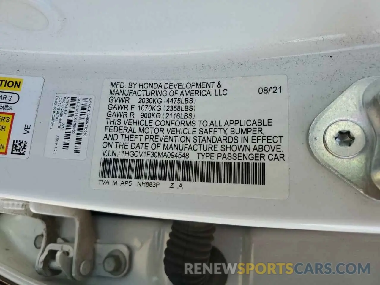 12 Photograph of a damaged car 1HGCV1F30MA094548 HONDA ACCORD 2021