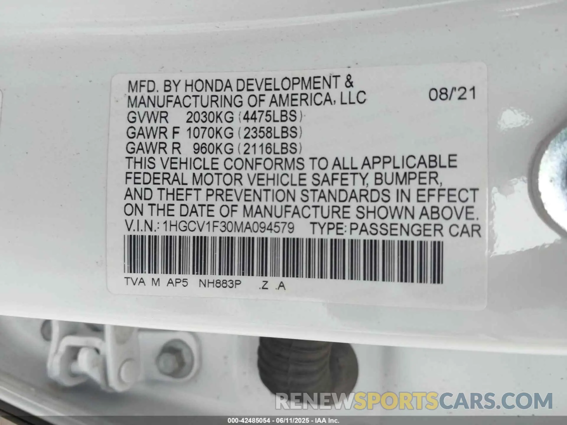 9 Photograph of a damaged car 1HGCV1F30MA094579 HONDA ACCORD 2021