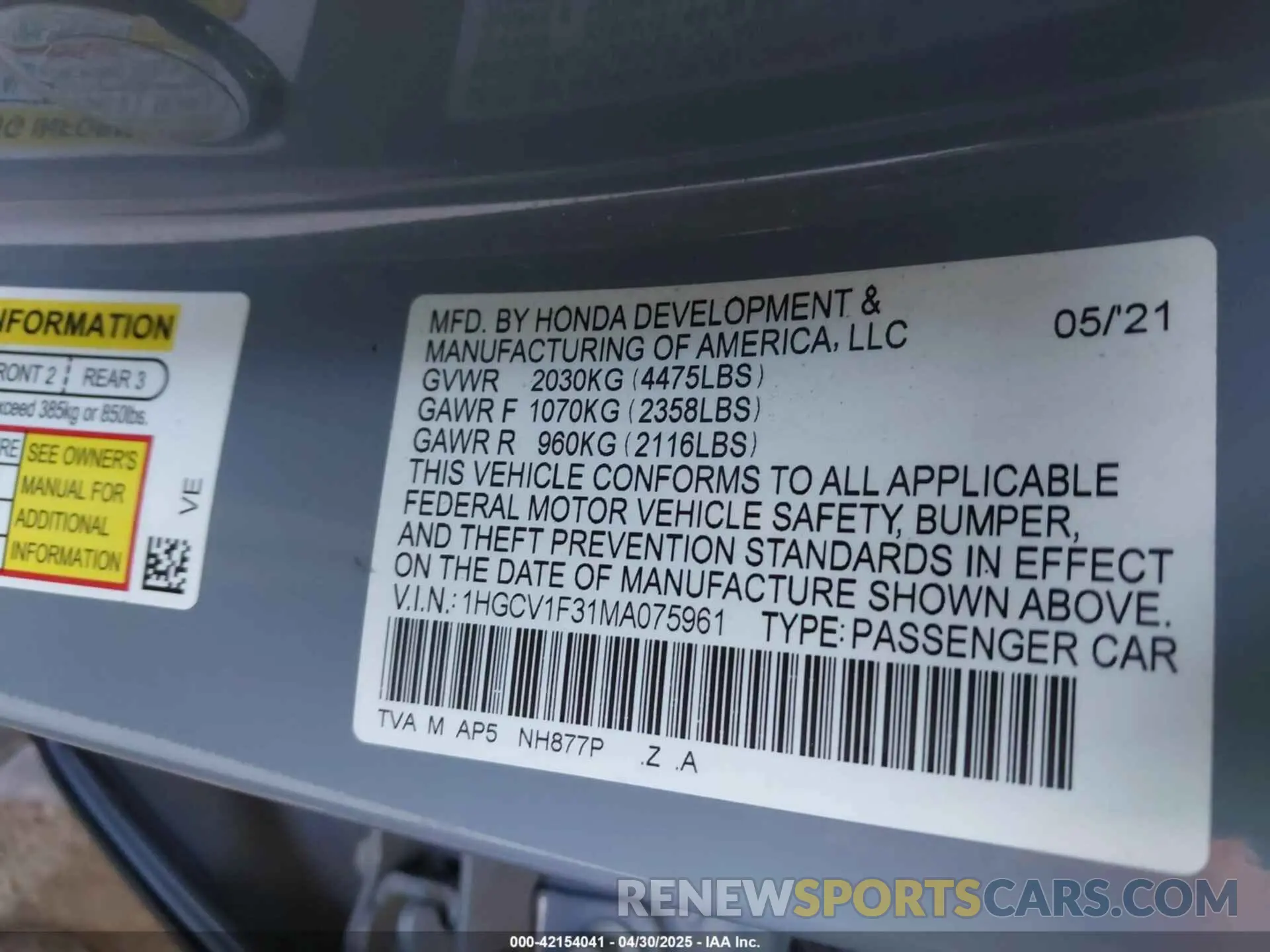 9 Photograph of a damaged car 1HGCV1F31MA075961 HONDA ACCORD 2021