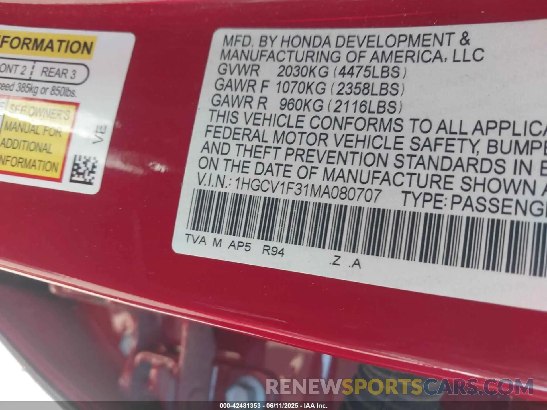 9 Photograph of a damaged car 1HGCV1F31MA080707 HONDA ACCORD 2021