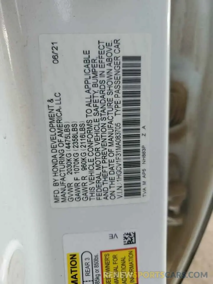 12 Фотография поврежденного автомобиля 1HGCV1F31MA083705 HONDA ACCORD 2021