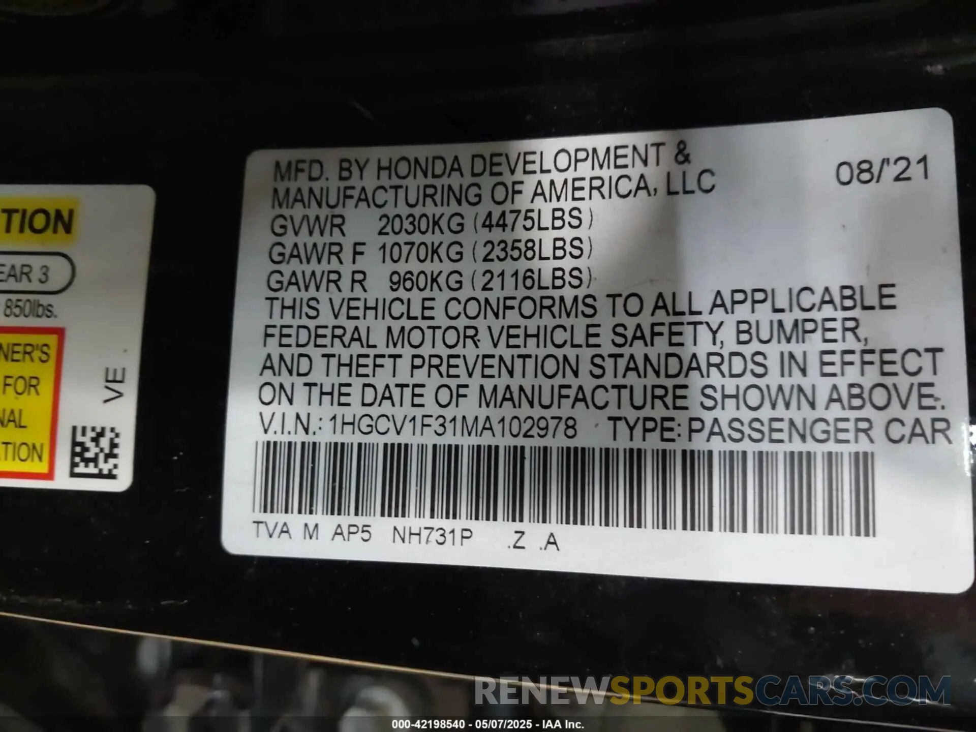 9 Photograph of a damaged car 1HGCV1F31MA102978 HONDA ACCORD 2021
