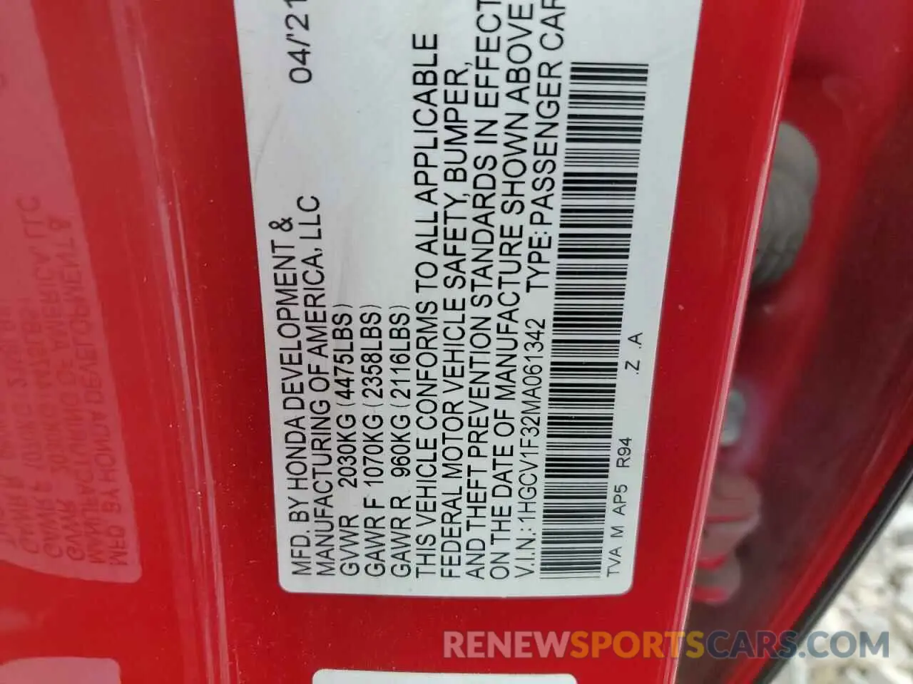 12 Фотография поврежденного автомобиля 1HGCV1F32MA061342 HONDA ACCORD 2021