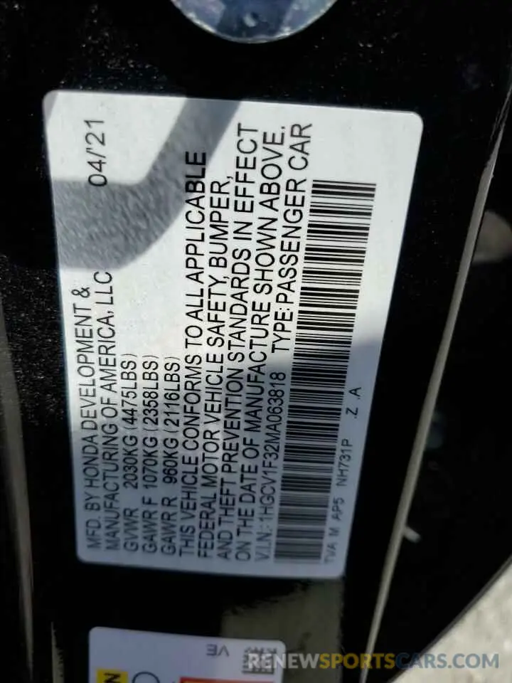 12 Фотография поврежденного автомобиля 1HGCV1F32MA063818 HONDA ACCORD 2021