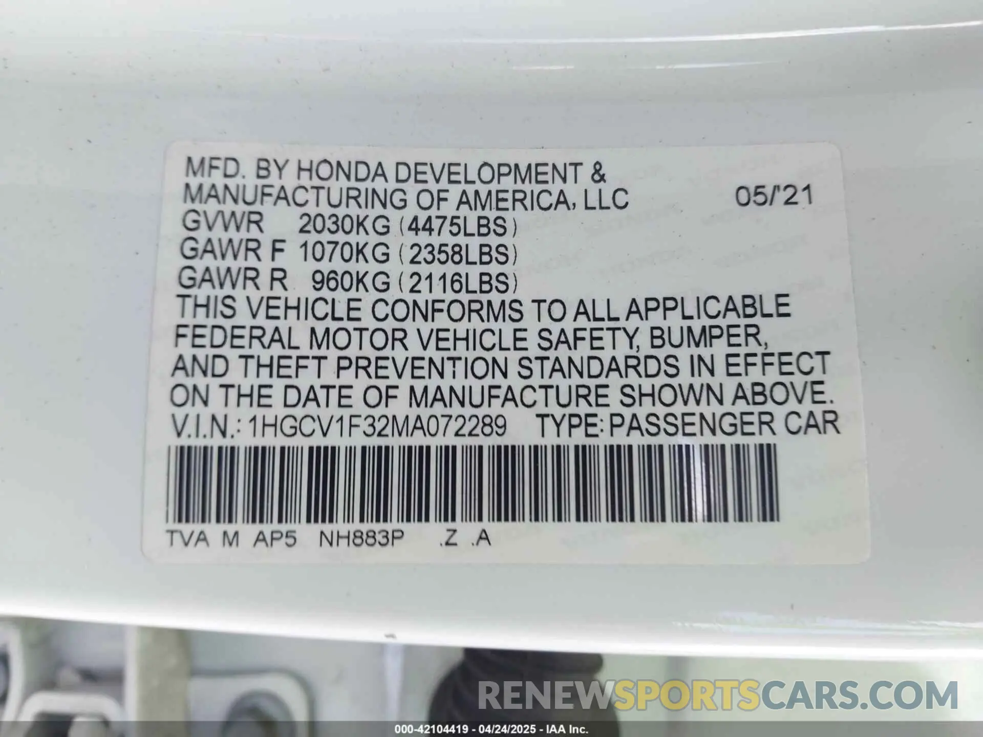 9 Photograph of a damaged car 1HGCV1F32MA072289 HONDA ACCORD 2021