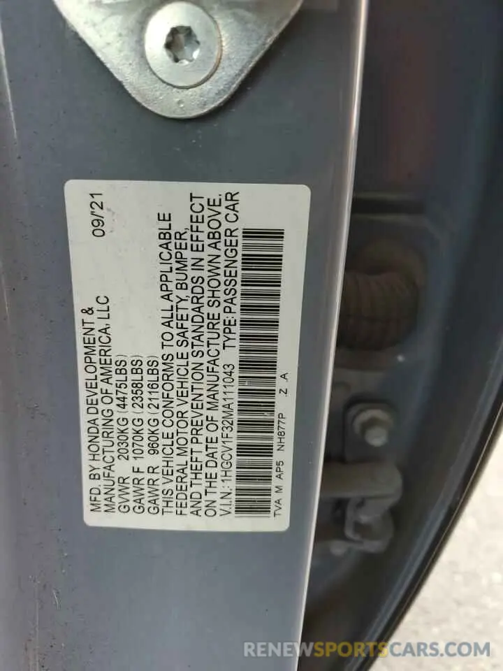 13 Фотография поврежденного автомобиля 1HGCV1F32MA111043 HONDA ACCORD 2021