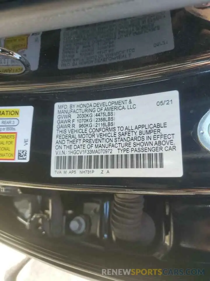 14 Photograph of a damaged car 1HGCV1F33MA070972 HONDA ACCORD 2021