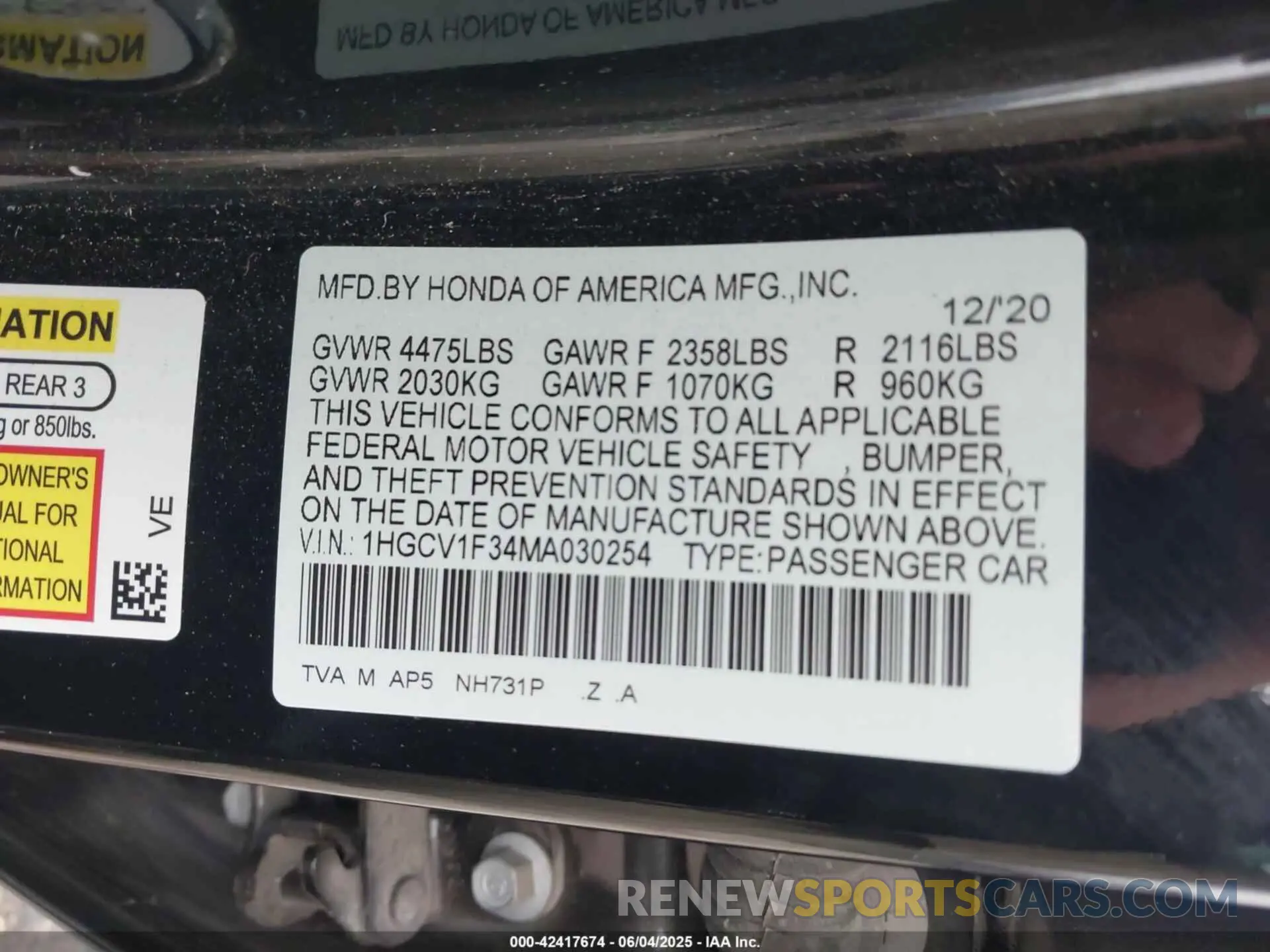 9 Photograph of a damaged car 1HGCV1F34MA030254 HONDA ACCORD 2021